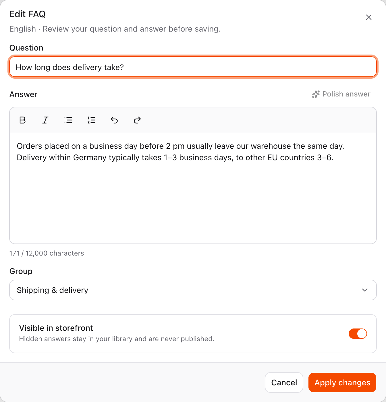 Editing one FAQ with a rich text answer