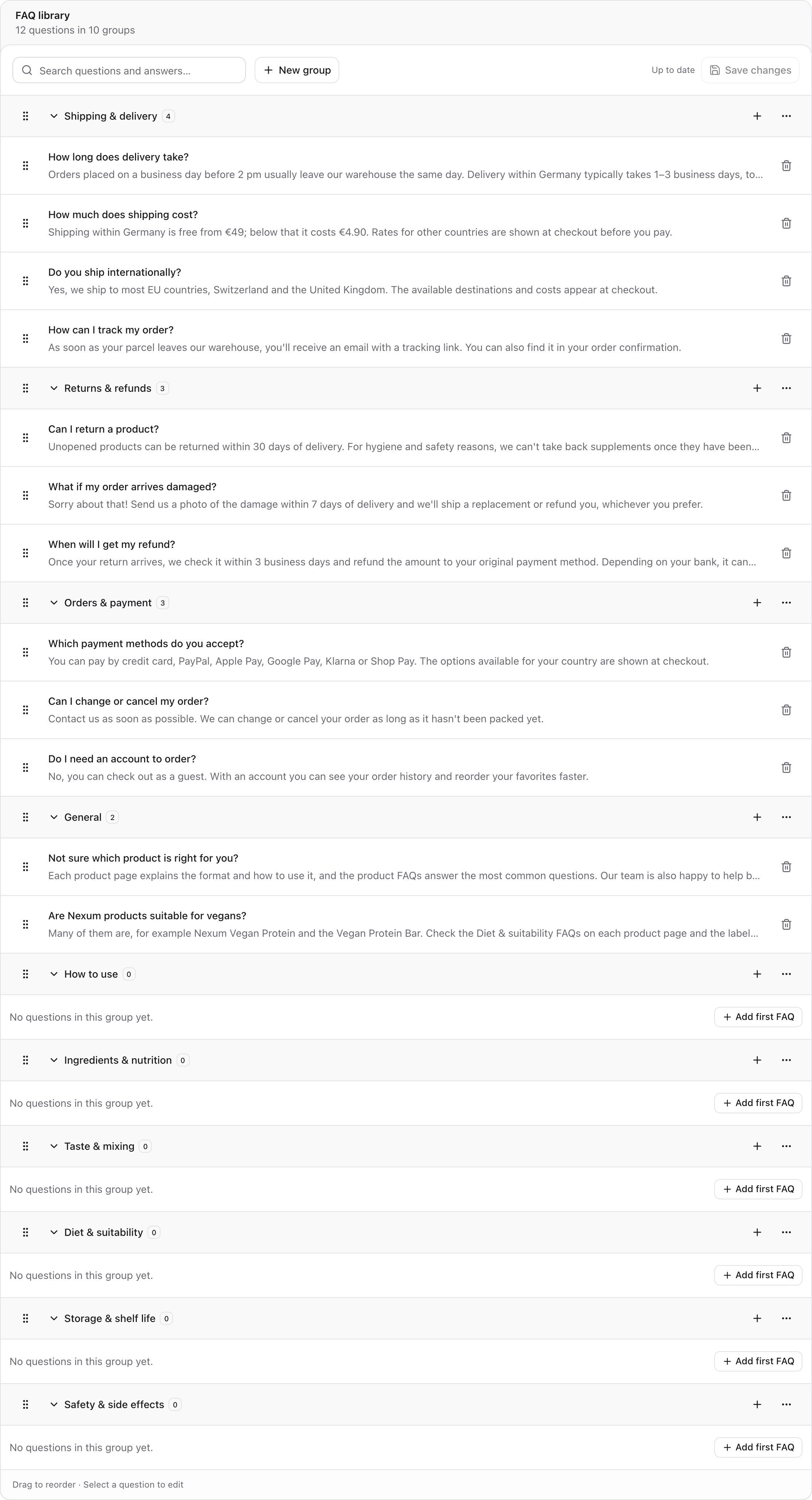 The FAQ library in WhatTheFAQ, grouped by topic